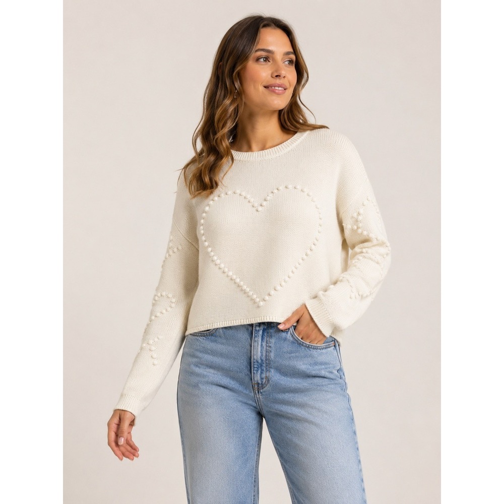 Jessica Simpson Women Ivory Popcorn Heart Bobble Knit Sweater Cream L